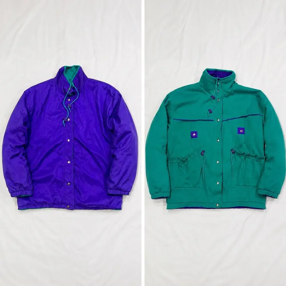 Vintage 80s 90s Reversible Teal Fleece & Purple Nylon Ski Jacket